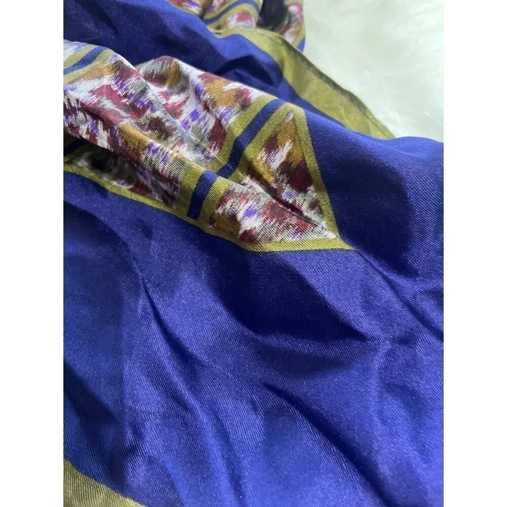 Square Silk Scarf Blue Multicolor Geometric Print With Green‎ Border